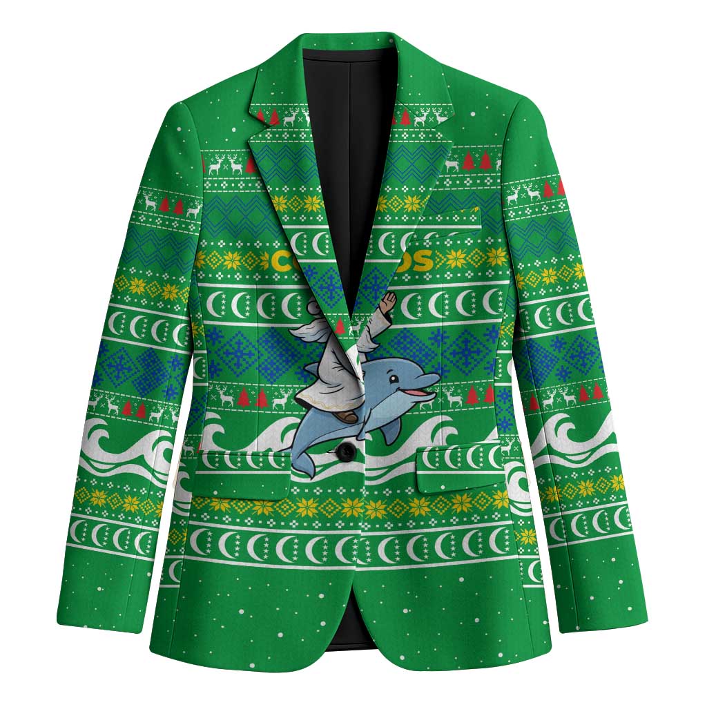 Comoros Christmas Blazer with Santa Riding Dolphin Ocean Waves Crescent Moon and Tribal Pattern - Wonder Print Shop