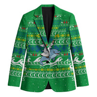 Comoros Christmas Blazer with Santa Riding Dolphin Ocean Waves Crescent Moon and Tribal Pattern - Wonder Print Shop
