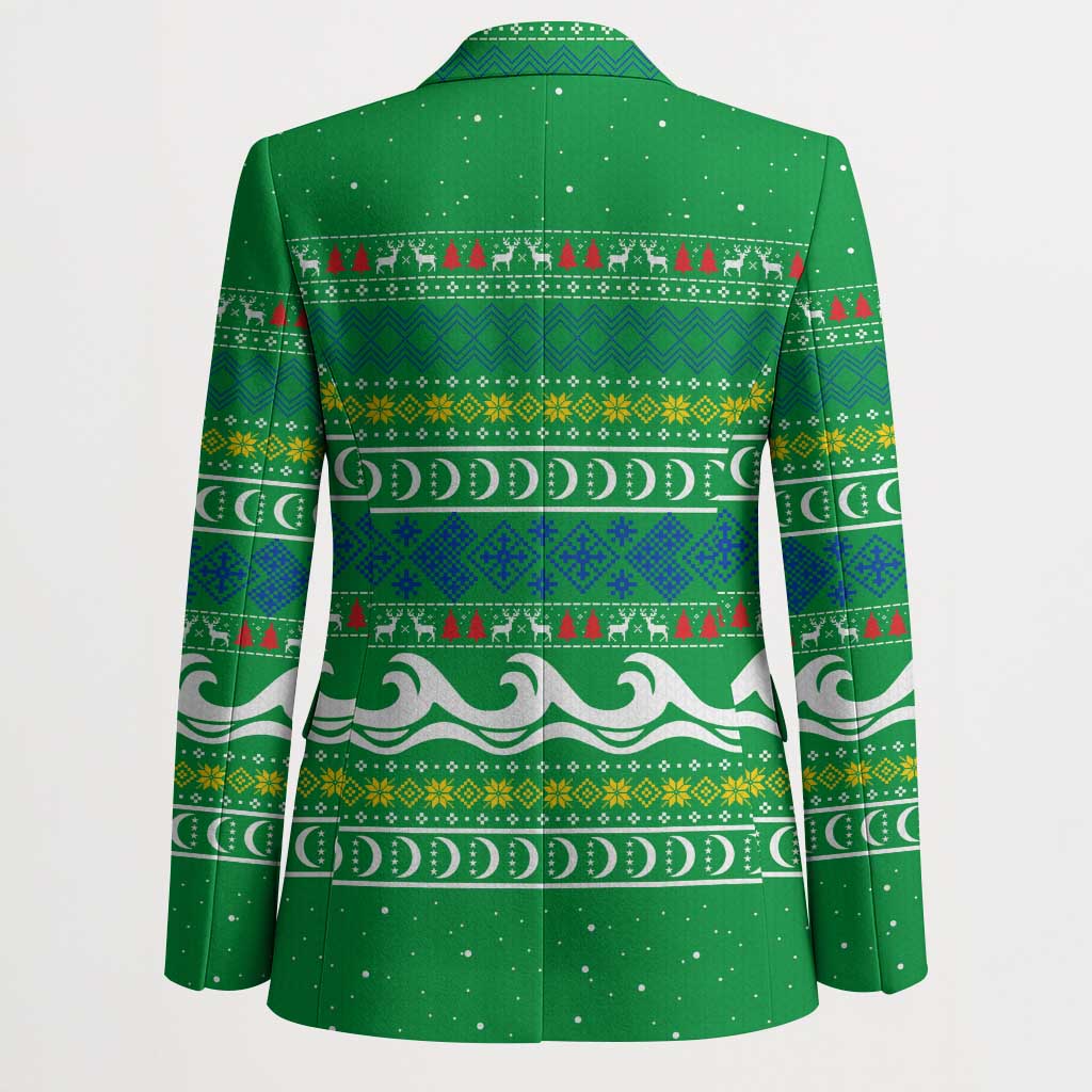 Comoros Christmas Blazer with Santa Riding Dolphin Ocean Waves Crescent Moon and Tribal Pattern - Wonder Print Shop