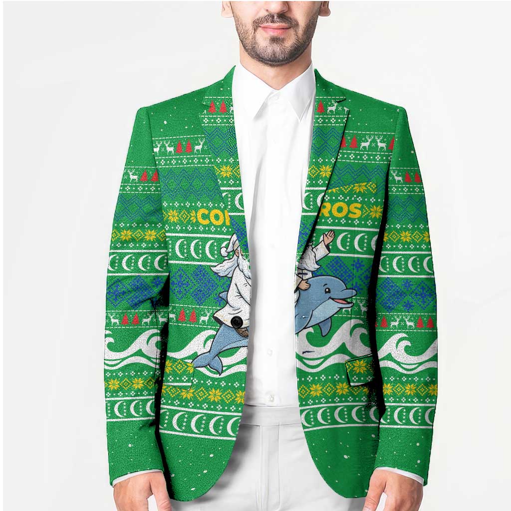Comoros Christmas Blazer with Santa Riding Dolphin Ocean Waves Crescent Moon and Tribal Pattern - Wonder Print Shop