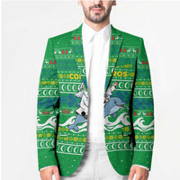 Comoros Christmas Blazer with Santa Riding Dolphin Ocean Waves Crescent Moon and Tribal Pattern - Wonder Print Shop