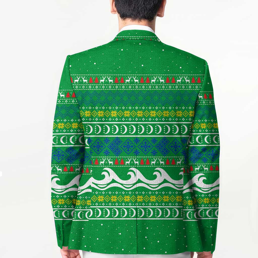 Comoros Christmas Blazer with Santa Riding Dolphin Ocean Waves Crescent Moon and Tribal Pattern - Wonder Print Shop