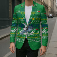 Comoros Christmas Blazer with Santa Riding Dolphin Ocean Waves Crescent Moon and Tribal Pattern - Wonder Print Shop