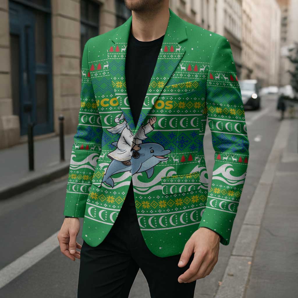 Comoros Christmas Blazer with Santa Riding Dolphin Ocean Waves Crescent Moon and Tribal Pattern - Wonder Print Shop