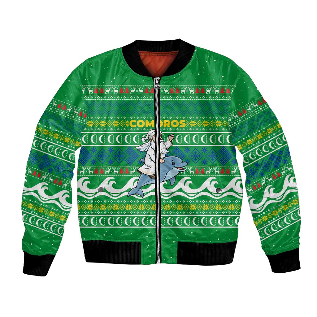 Comoros Christmas Bomber Jacket with Santa Riding Dolphin Ocean Waves Crescent Moon and Tribal Pattern - Wonder Print Shop