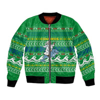 Comoros Christmas Bomber Jacket with Santa Riding Dolphin Ocean Waves Crescent Moon and Tribal Pattern - Wonder Print Shop