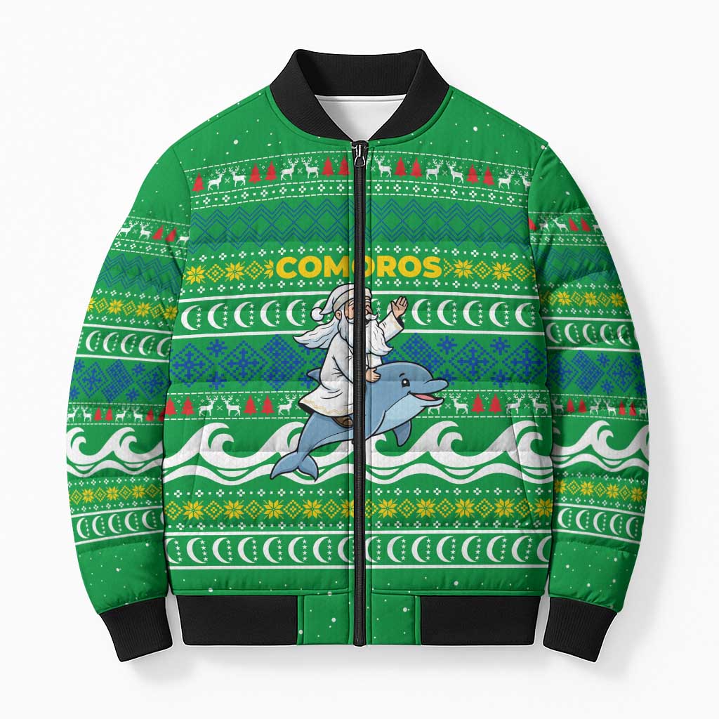 Comoros Christmas Bomber Puffer Jacket with Santa Riding Dolphin Ocean Waves Crescent Moon and Tribal Pattern - Wonder Print Shop