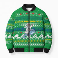 Comoros Christmas Bomber Puffer Jacket with Santa Riding Dolphin Ocean Waves Crescent Moon and Tribal Pattern - Wonder Print Shop
