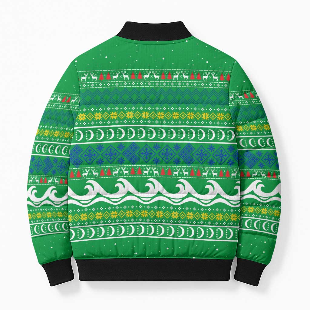 Comoros Christmas Bomber Puffer Jacket with Santa Riding Dolphin Ocean Waves Crescent Moon and Tribal Pattern - Wonder Print Shop