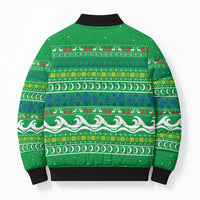 Comoros Christmas Bomber Puffer Jacket with Santa Riding Dolphin Ocean Waves Crescent Moon and Tribal Pattern - Wonder Print Shop