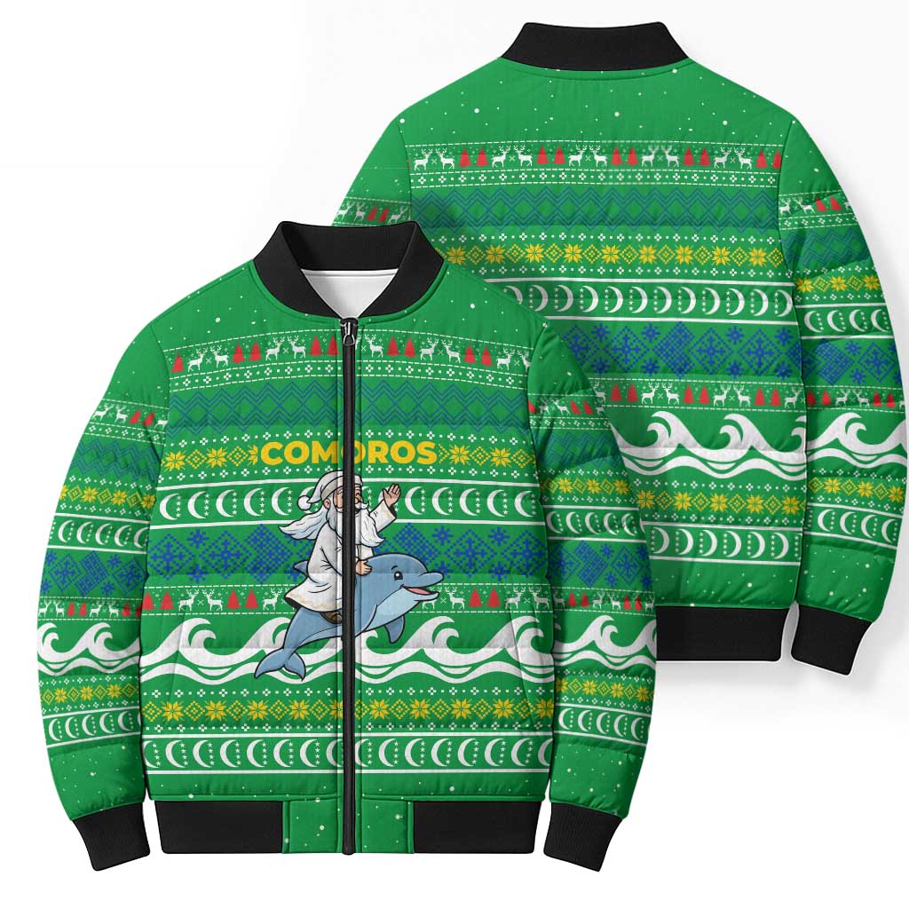 Comoros Christmas Bomber Puffer Jacket with Santa Riding Dolphin Ocean Waves Crescent Moon and Tribal Pattern - Wonder Print Shop
