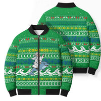 Comoros Christmas Bomber Puffer Jacket with Santa Riding Dolphin Ocean Waves Crescent Moon and Tribal Pattern - Wonder Print Shop