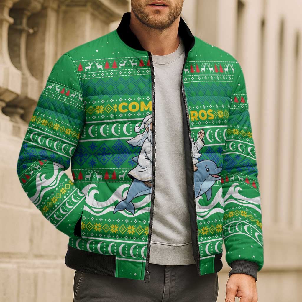 Comoros Christmas Bomber Puffer Jacket with Santa Riding Dolphin Ocean Waves Crescent Moon and Tribal Pattern - Wonder Print Shop