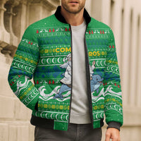 Comoros Christmas Bomber Puffer Jacket with Santa Riding Dolphin Ocean Waves Crescent Moon and Tribal Pattern - Wonder Print Shop