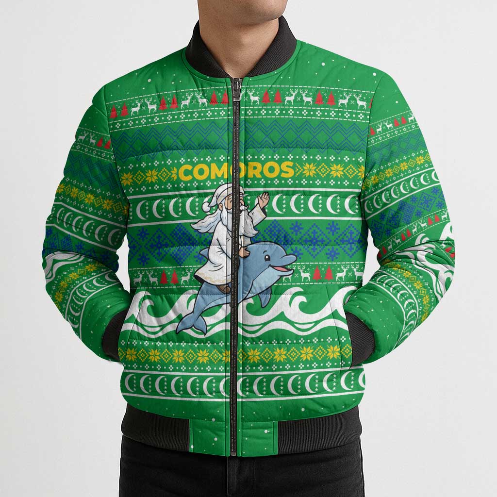 Comoros Christmas Bomber Puffer Jacket with Santa Riding Dolphin Ocean Waves Crescent Moon and Tribal Pattern - Wonder Print Shop