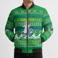 Comoros Christmas Bomber Puffer Jacket with Santa Riding Dolphin Ocean Waves Crescent Moon and Tribal Pattern - Wonder Print Shop