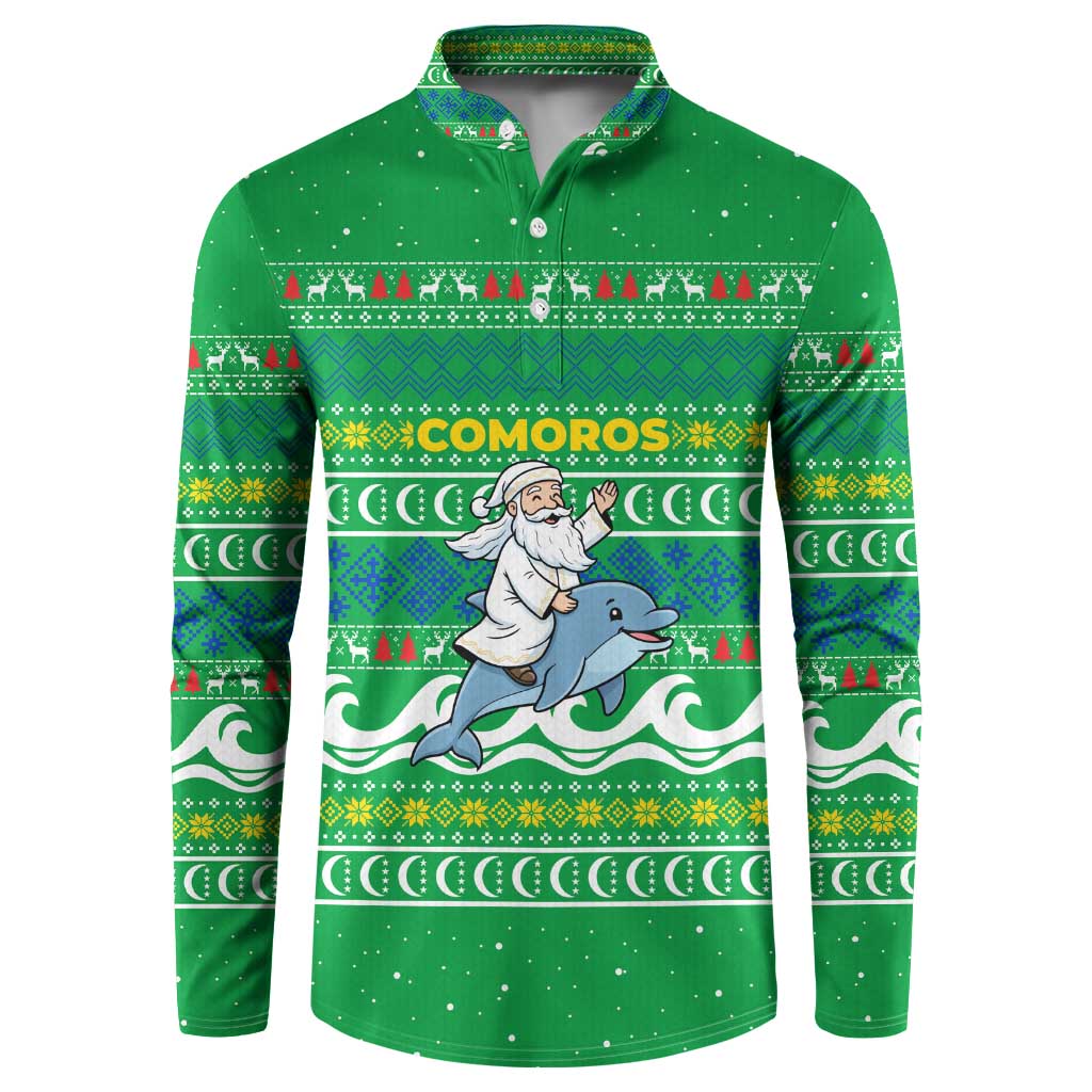 Comoros Christmas Button Sweatshirt with Santa Riding Dolphin Ocean Waves Crescent Moon and Tribal Pattern - Wonder Print Shop