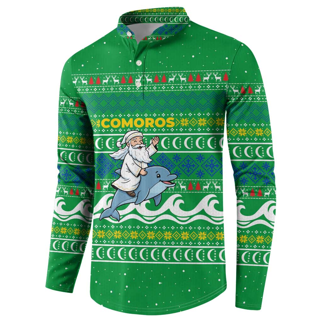 Comoros Christmas Button Sweatshirt with Santa Riding Dolphin Ocean Waves Crescent Moon and Tribal Pattern - Wonder Print Shop