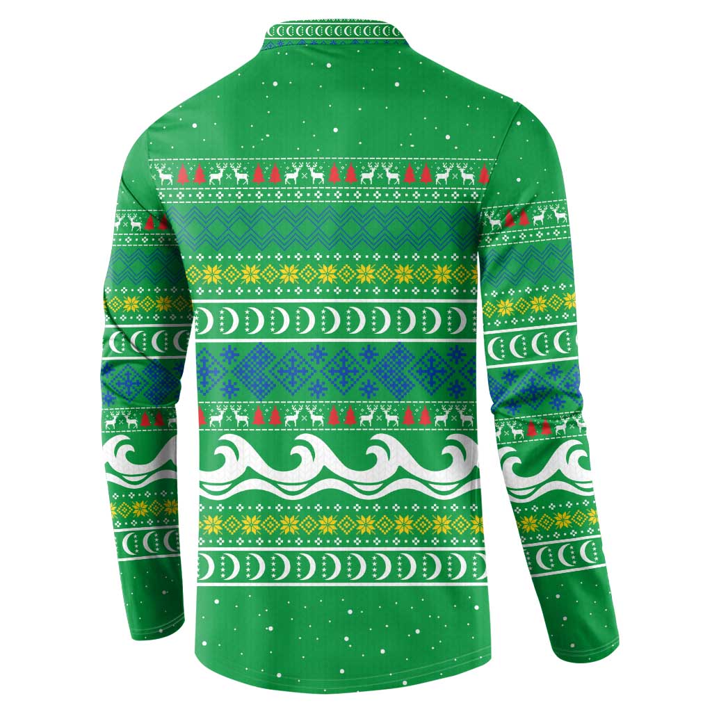 Comoros Christmas Button Sweatshirt with Santa Riding Dolphin Ocean Waves Crescent Moon and Tribal Pattern - Wonder Print Shop