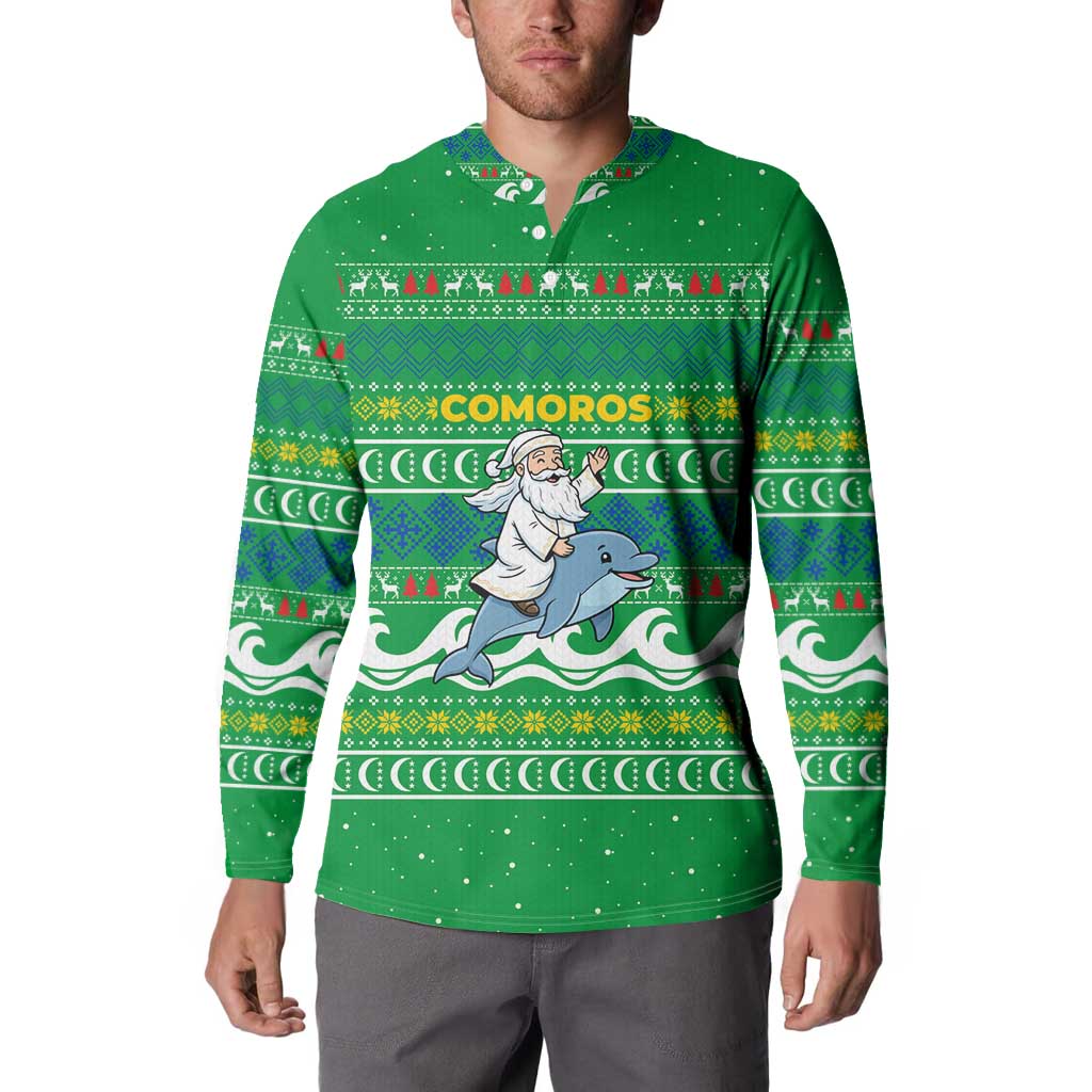 Comoros Christmas Button Sweatshirt with Santa Riding Dolphin Ocean Waves Crescent Moon and Tribal Pattern - Wonder Print Shop