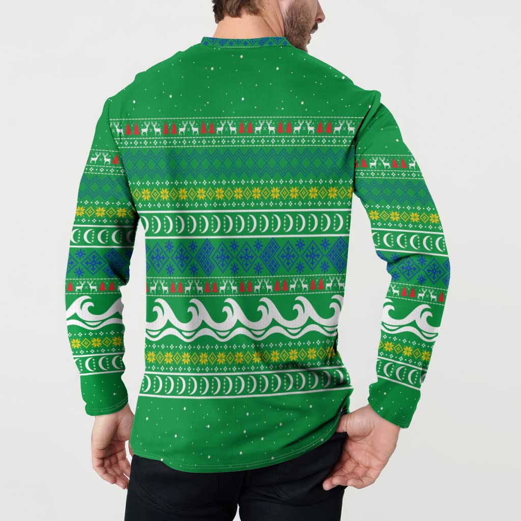 Comoros Christmas Button Sweatshirt with Santa Riding Dolphin Ocean Waves Crescent Moon and Tribal Pattern - Wonder Print Shop