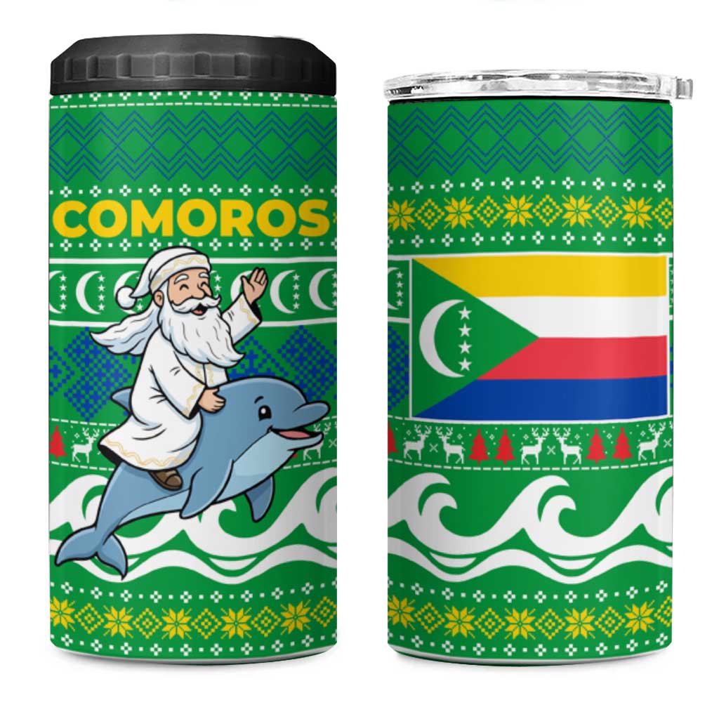Comoros Christmas 4 in 1 Can Cooler Tumbler with Santa Riding Dolphin Ocean Waves Crescent Moon and Tribal Pattern - Wonder Print Shop