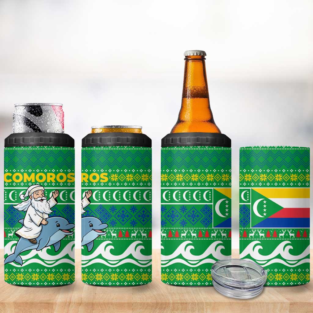 Comoros Christmas 4 in 1 Can Cooler Tumbler with Santa Riding Dolphin Ocean Waves Crescent Moon and Tribal Pattern - Wonder Print Shop
