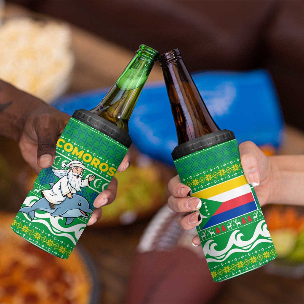 Comoros Christmas 4 in 1 Can Cooler Tumbler with Santa Riding Dolphin Ocean Waves Crescent Moon and Tribal Pattern - Wonder Print Shop