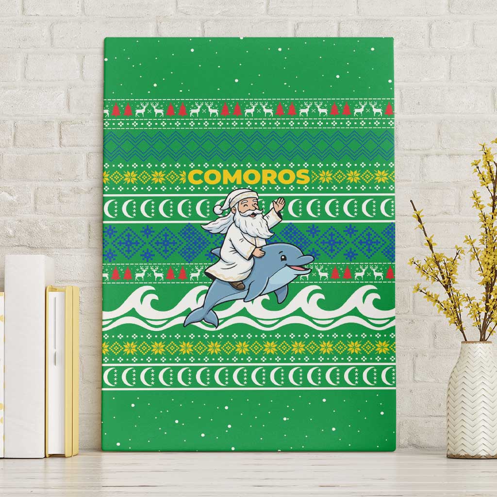 Comoros Christmas Canvas Wall Art with Santa Riding Dolphin Ocean Waves Crescent Moon and Tribal Pattern - Wonder Print Shop