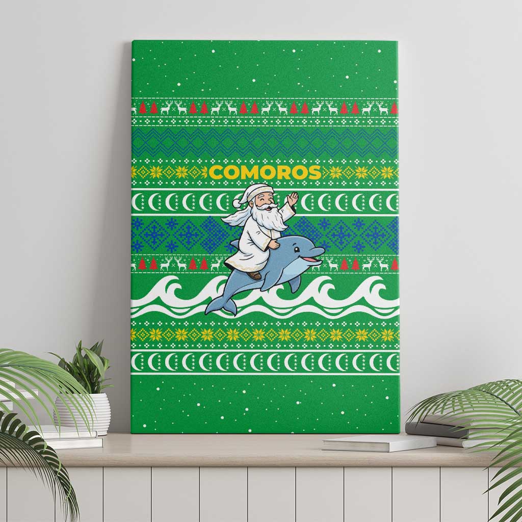 Comoros Christmas Canvas Wall Art with Santa Riding Dolphin Ocean Waves Crescent Moon and Tribal Pattern - Wonder Print Shop
