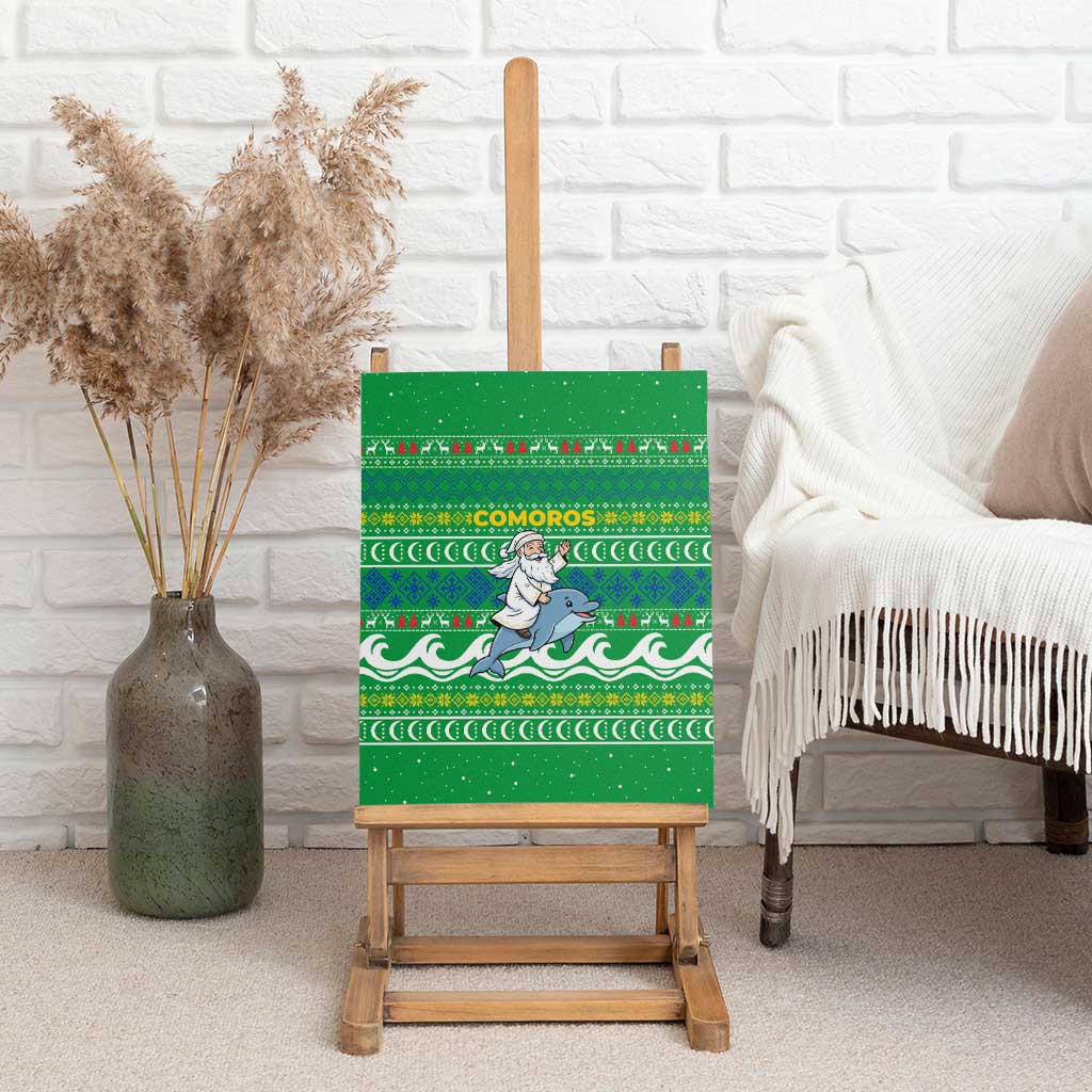Comoros Christmas Canvas Wall Art with Santa Riding Dolphin Ocean Waves Crescent Moon and Tribal Pattern - Wonder Print Shop