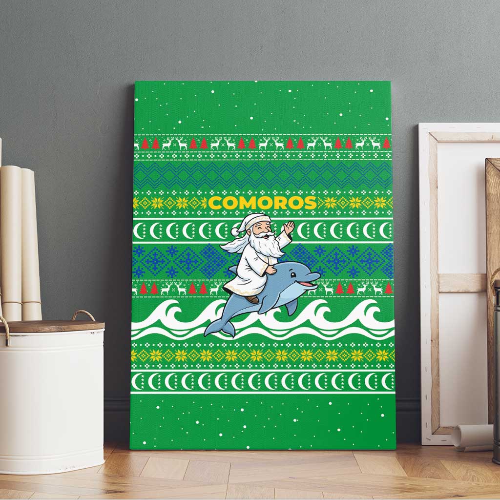 Comoros Christmas Canvas Wall Art with Santa Riding Dolphin Ocean Waves Crescent Moon and Tribal Pattern - Wonder Print Shop
