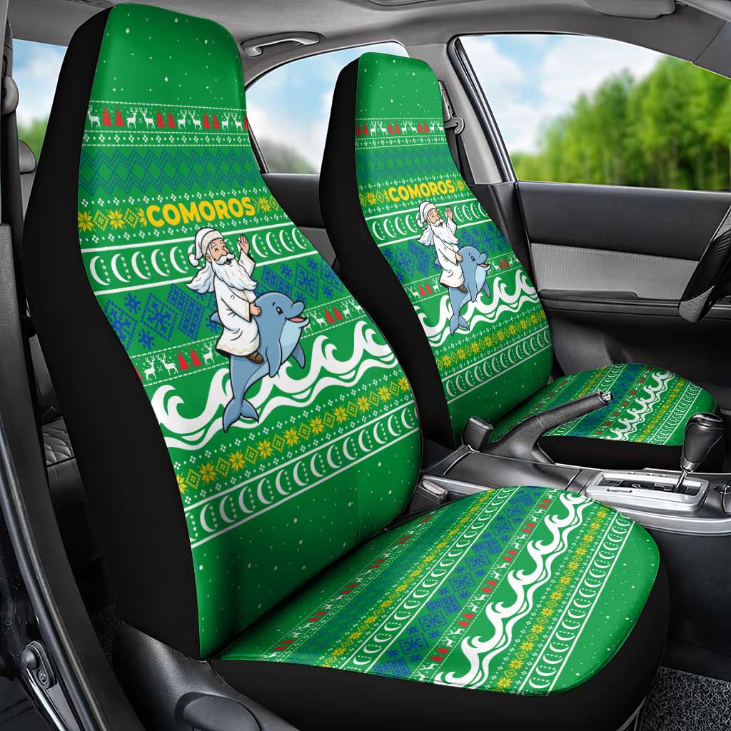 Comoros Christmas Car Seat Cover with Santa Riding Dolphin Ocean Waves Crescent Moon and Tribal Pattern - Wonder Print Shop