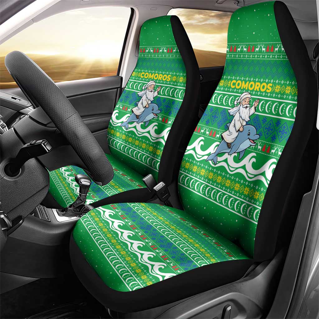 Comoros Christmas Car Seat Cover with Santa Riding Dolphin Ocean Waves Crescent Moon and Tribal Pattern - Wonder Print Shop