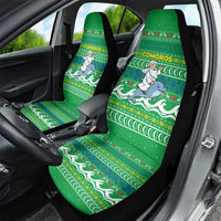 Comoros Christmas Car Seat Cover with Santa Riding Dolphin Ocean Waves Crescent Moon and Tribal Pattern - Wonder Print Shop