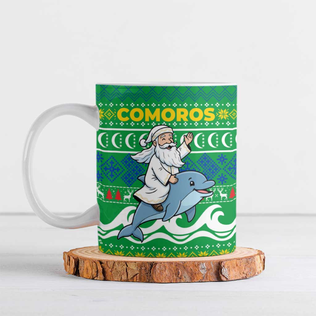 Comoros Christmas Ceramic Mug with Santa Riding Dolphin Ocean Waves Crescent Moon and Tribal Pattern - Wonder Print Shop