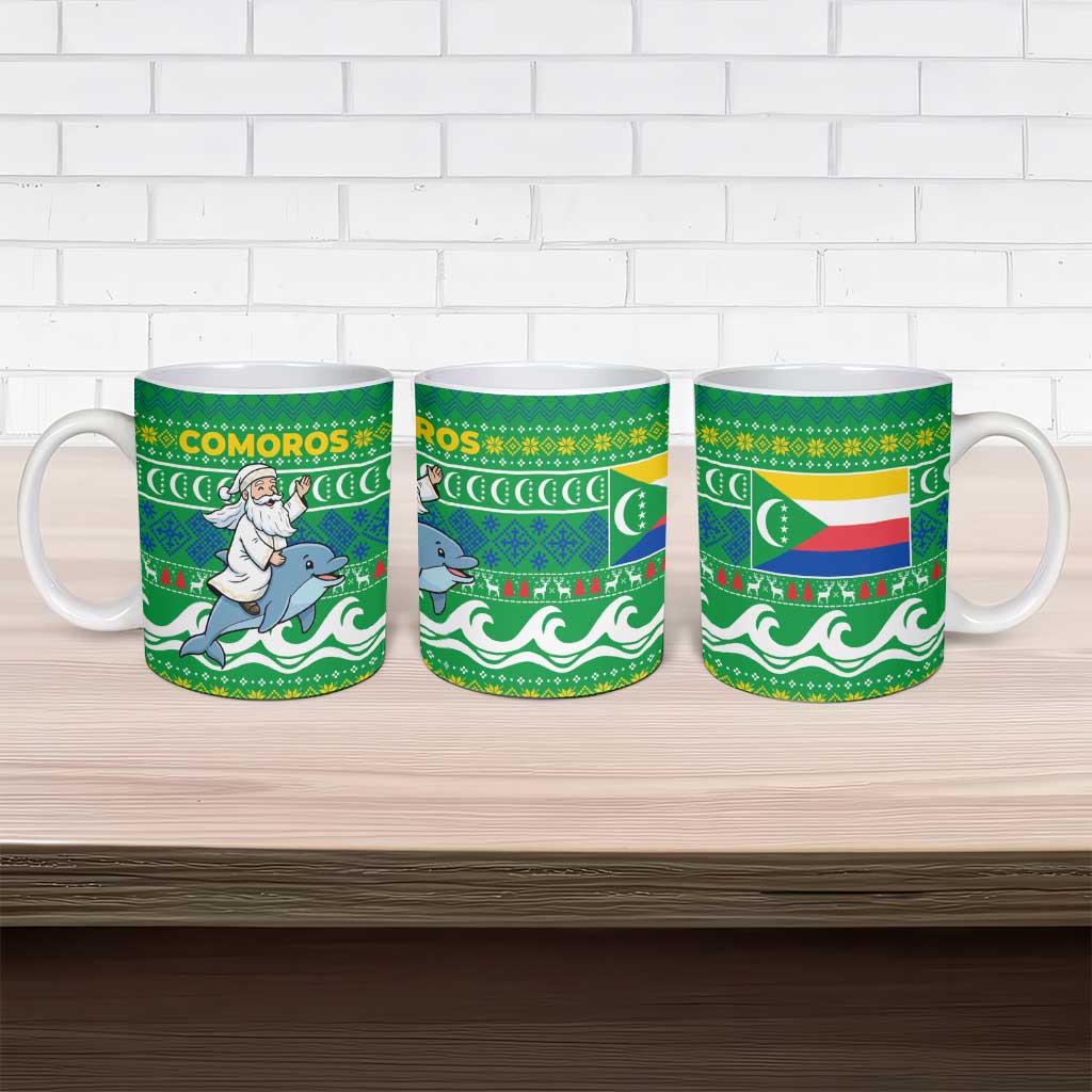 Comoros Christmas Ceramic Mug with Santa Riding Dolphin Ocean Waves Crescent Moon and Tribal Pattern - Wonder Print Shop