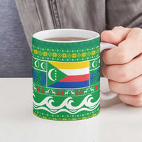 Comoros Christmas Ceramic Mug with Santa Riding Dolphin Ocean Waves Crescent Moon and Tribal Pattern - Wonder Print Shop