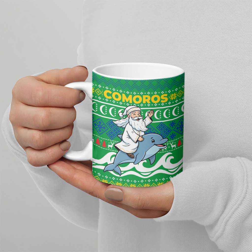 Comoros Christmas Ceramic Mug with Santa Riding Dolphin Ocean Waves Crescent Moon and Tribal Pattern - Wonder Print Shop