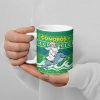 Comoros Christmas Ceramic Mug with Santa Riding Dolphin Ocean Waves Crescent Moon and Tribal Pattern - Wonder Print Shop