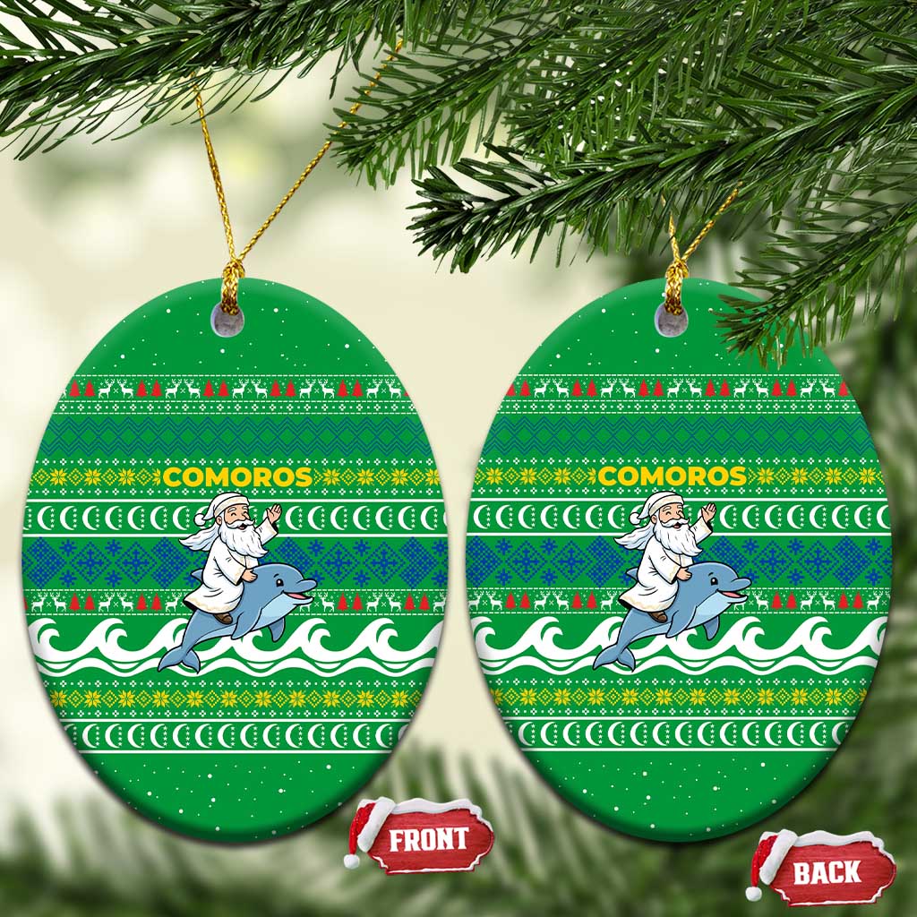 Comoros Christmas Ceramic Ornament with Santa Riding Dolphin Ocean Waves Crescent Moon and Tribal Pattern - Wonder Print Shop