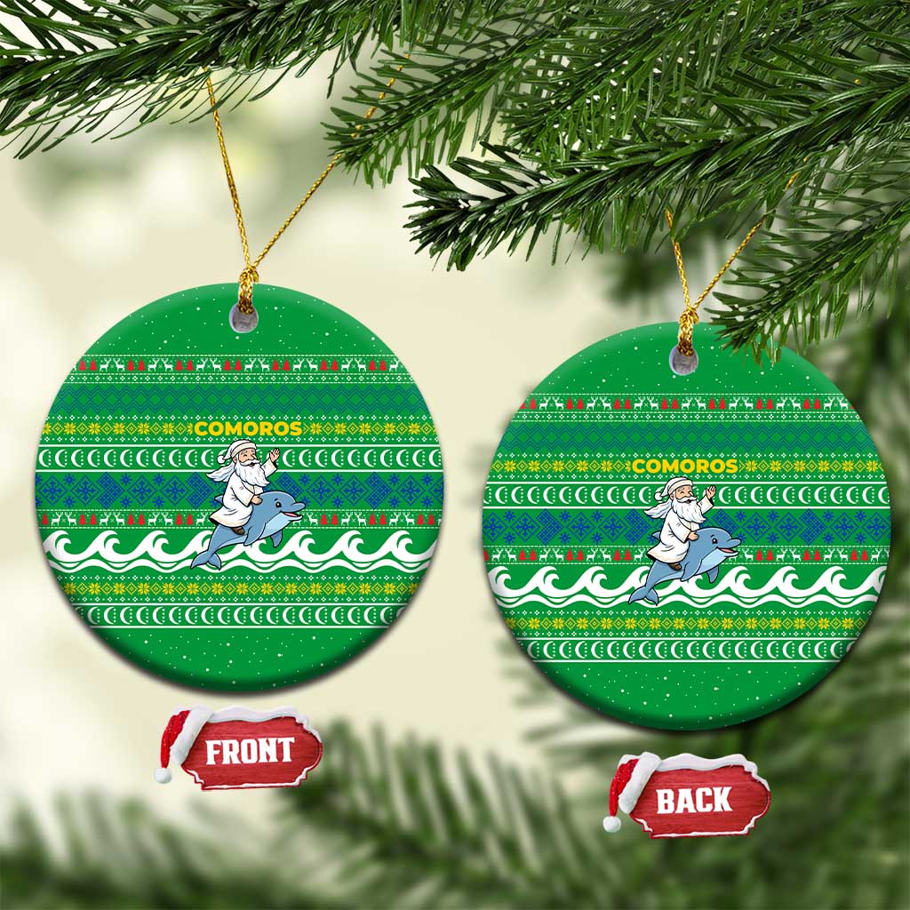 Comoros Christmas Ceramic Ornament with Santa Riding Dolphin Ocean Waves Crescent Moon and Tribal Pattern - Wonder Print Shop