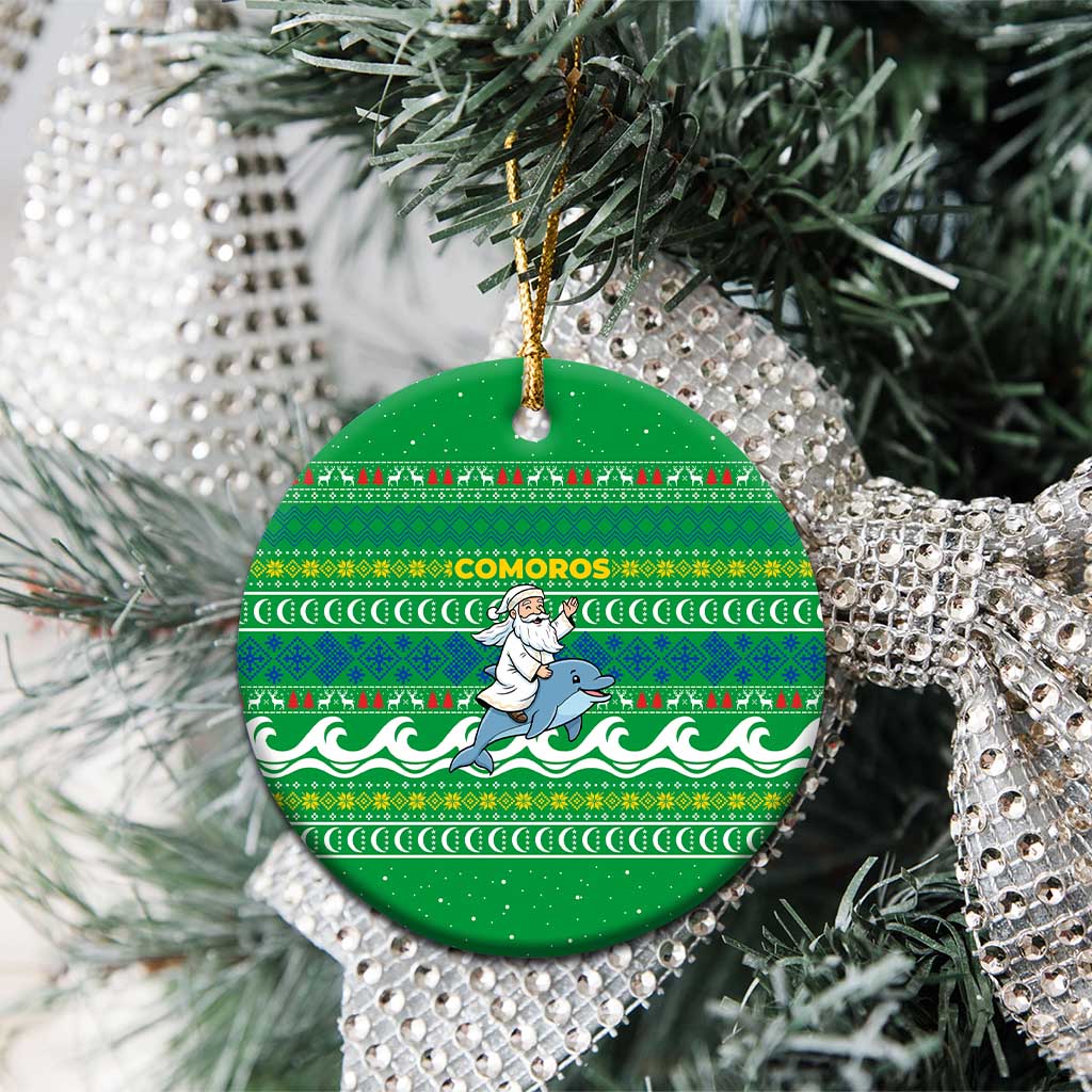 Comoros Christmas Ceramic Ornament with Santa Riding Dolphin Ocean Waves Crescent Moon and Tribal Pattern - Wonder Print Shop