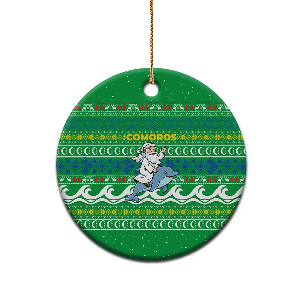 Comoros Christmas Ceramic Ornament with Santa Riding Dolphin Ocean Waves Crescent Moon and Tribal Pattern - Wonder Print Shop