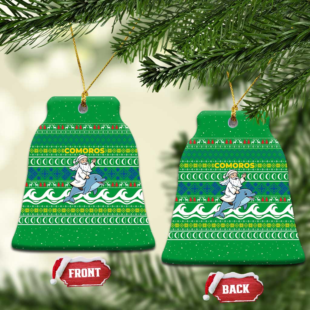 Comoros Christmas Ceramic Ornament with Santa Riding Dolphin Ocean Waves Crescent Moon and Tribal Pattern - Wonder Print Shop