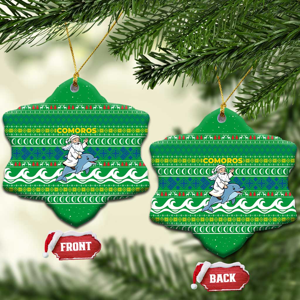 Comoros Christmas Ceramic Ornament with Santa Riding Dolphin Ocean Waves Crescent Moon and Tribal Pattern - Wonder Print Shop