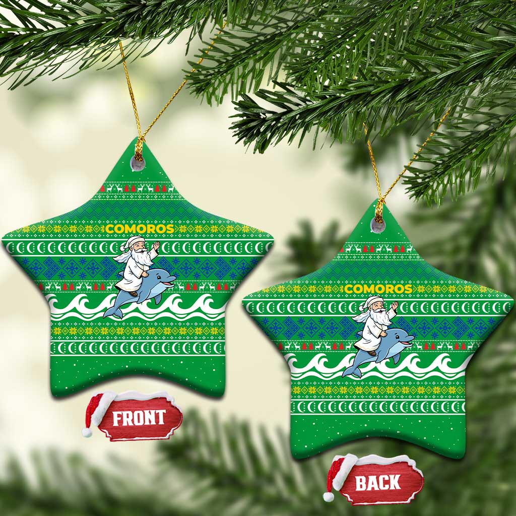 Comoros Christmas Ceramic Ornament with Santa Riding Dolphin Ocean Waves Crescent Moon and Tribal Pattern - Wonder Print Shop