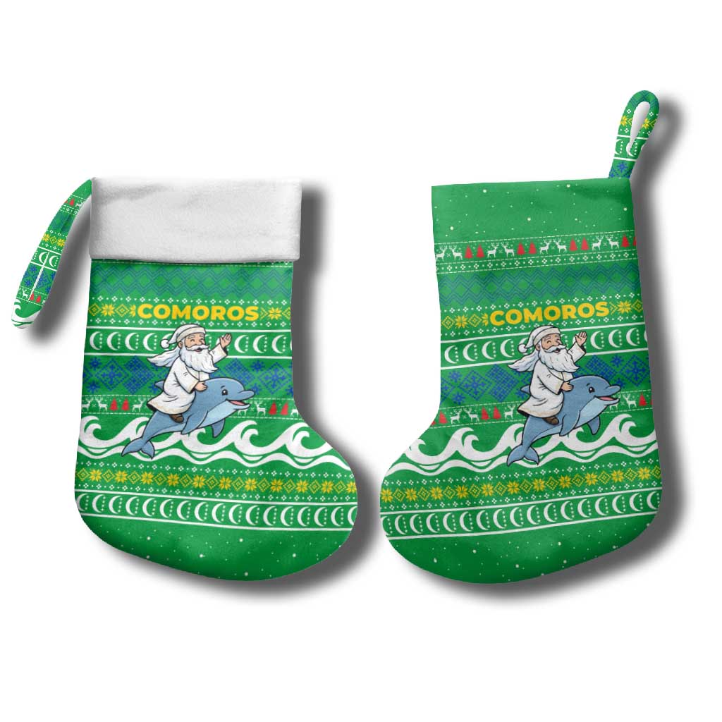 Comoros Christmas Stocking with Santa Riding Dolphin Ocean Waves Crescent Moon and Tribal Pattern - Wonder Print Shop