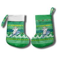 Comoros Christmas Stocking with Santa Riding Dolphin Ocean Waves Crescent Moon and Tribal Pattern - Wonder Print Shop