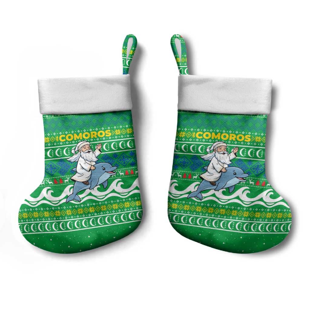 Comoros Christmas Stocking with Santa Riding Dolphin Ocean Waves Crescent Moon and Tribal Pattern - Wonder Print Shop